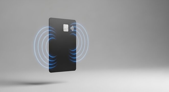 A black contactless payment card with visible radio frequency waves indicating wireless communication
