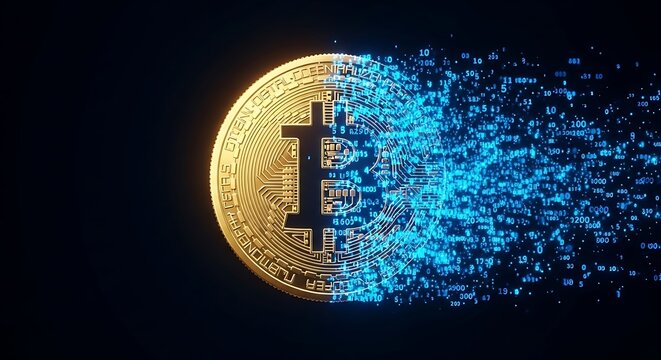Digital representation of a cryptocurrency coin with binary data stream emanating from it against a dark background