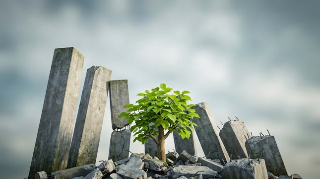 Crumbling 3D Bar Graph With Fresh Green Sapling