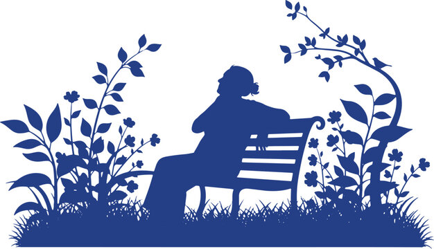 Elderly person sitting on a park bench surrounded by nature silhouette.