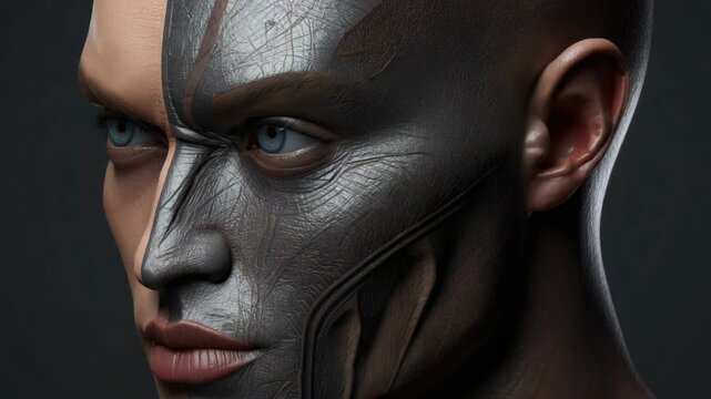 Scarred half face portrait textured skin and cracked dark synthetic half face with intense blue eyes