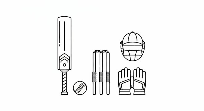 Collection of cricket equipment including bat, ball, wickets, pads, and helmet, outlined on white background
