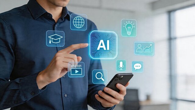 Businessman using smartphone touching artificial intelligence holographic interface with digital icons for learning technology machine coding internet research and data analytics