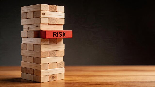 Business risk management concept wooden building blocks tower with unstable red block labeled risk financial strategy and investment security