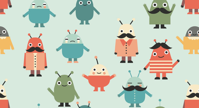 Playful seamless pattern for children featuring various colorful cartoon robot characters with different shapes.