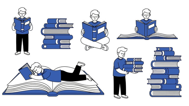 Collection of people reading and interacting with books, emphasizing education and knowledge acquisition.