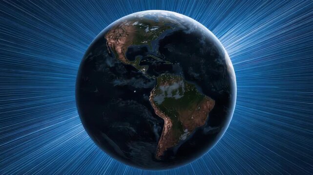 Earth planet glowing with radiant blue light rays and streaking energy lines conveying motion