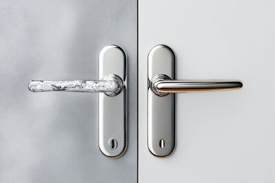 Modern chrome door handles on metal and wood backgrounds