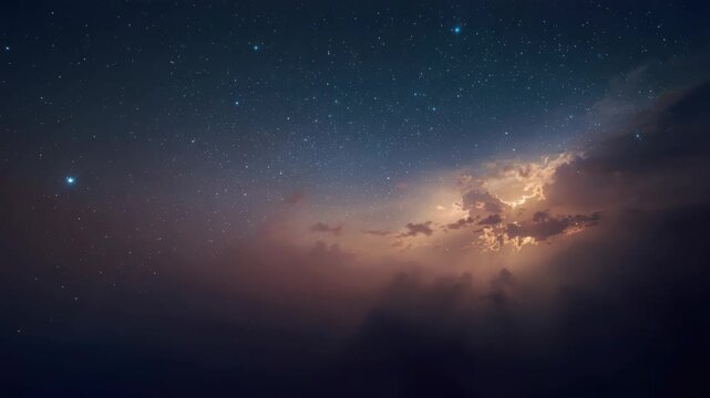Starry night sky with glowing cloud formation and distant horizon evoking peaceful wonder