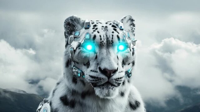 Snow leopard with glowing eyes futuristic digital art concept