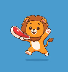 Cute cartoon lion holding a delicious steak ready to eat. © Arviz
