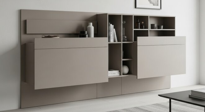 Modern Modular Wall Panel System with Integrated Storage and Shelving for Contemporary Interiors