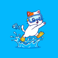 Cute Cat Swimming with Goggles and Flippers. © Arviz
