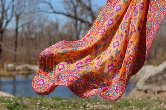 Vibrant Punjabi phulkari scarf flowing in spring breeze