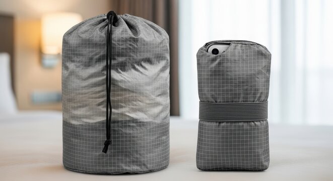 Two Collapsible Travel Laundry Bags with Drawstrings and Grid Pattern