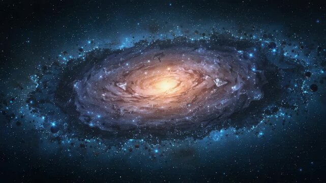 Glowing spiral galaxy with orange core blue starfield cosmic dust and spiraling arms