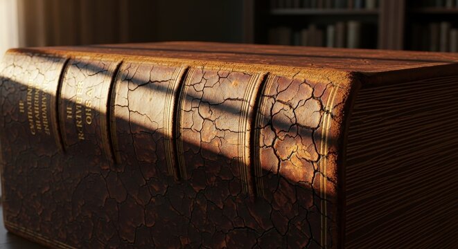 Close-up of an ancient, cracked leather book binding with raised bands, showcasing a rich, weathered texture and timeless history.