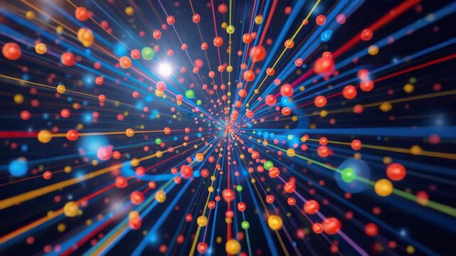 Colorful particle tunnel with radiant light and abstract motion. vibrant particles converge