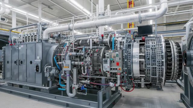 Industrial gas turbine power plant interior with industrial machinery piping control panels
