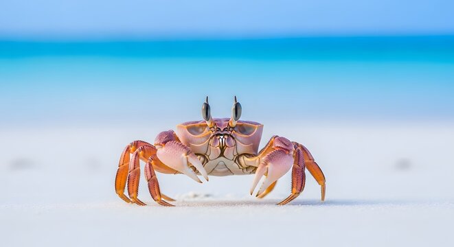 Ghost crab on sandy beach with ocean in background