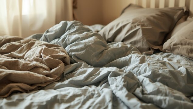 Disheveled bed with wrinkled sheets, blanket, and pillows post-morning wake-up. Close-up of hypoallergenic cotton linens