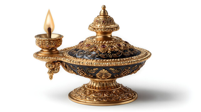 Isolated antique brass oil lamp and golden samovar object featuring traditional vintage metal decoration and an ancient magic genie aesthetic