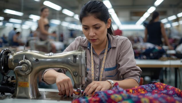 Detail-focused tailor stitching garments in a clothing factory