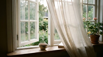 Fototapeta premium Tea cup beside open window with natural light breeze