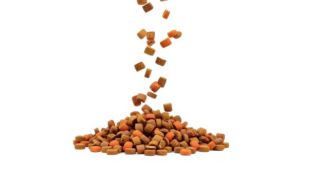 Dry pet food cascading onto a pile against a white backdrop