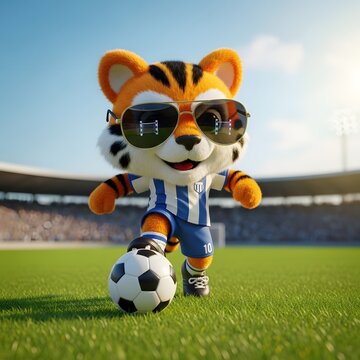 Tiger mascot playing soccer on stadium field wearing sports uniform, energetic and playful sports scene, generative ai