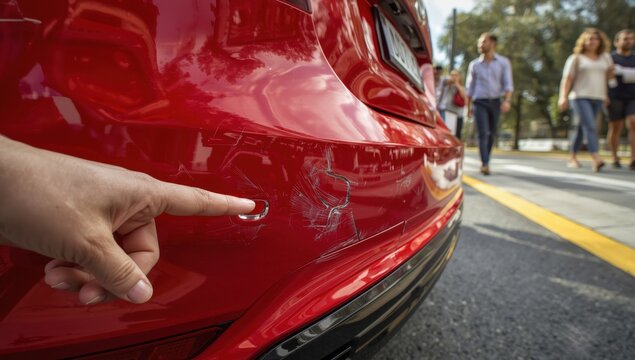 Finger indicating marks on the bumper of a contemporary red vehicle