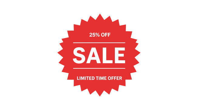 Red sale badge for discount promotion with text on white background