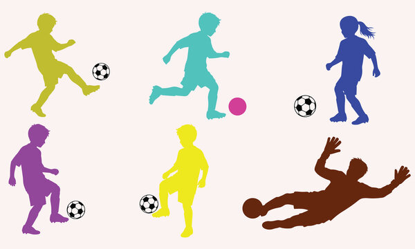 Set of Three Soccer Players Dribbling Ball Flat Vector Illustration Minimal Style. silhouette degin