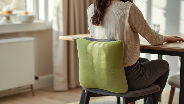 Green orthopedic cushion for proper sitting posture at a table. High-quality image