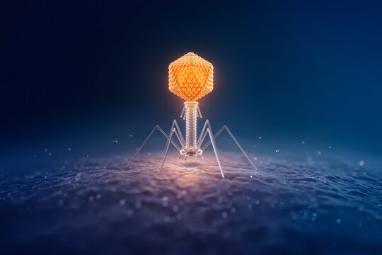 Glowing bacteriophage virus on cellular surface under microscope. Phage therapy, virology and biotechnology, scientific research concept