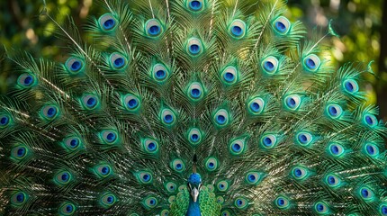 Obraz premium Majestic Peacock in Display: A flamboyant peacock proudly displays its stunning, iridescent feathers in a vibrant display of nature's artistry.