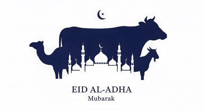Eid al adha mubarak festive illustration with crescent moon animals mosque