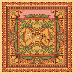 Cheetah Tropical Illustration. Exotic Animal Pattern. Bohemian Decorative Art. Ornate Textile Design. Print Background. © khafid