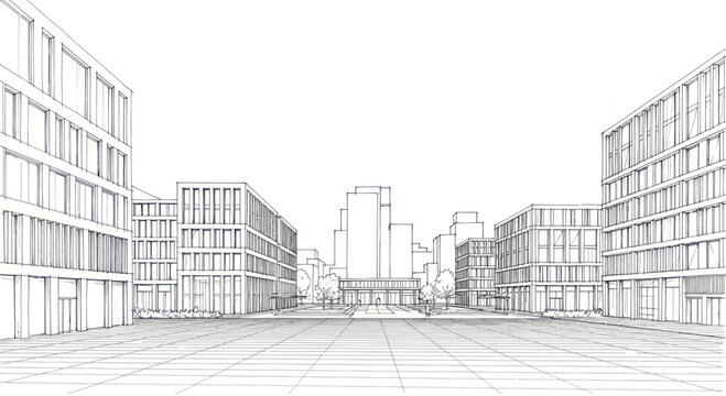 Modern Cityscape Architectural Sketch with Buildings and Plaza.