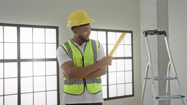 Man builder in hardhat smiles and holds a yellow measuring level with arms crossed revealing forearm inside a building; confidence professionalism.