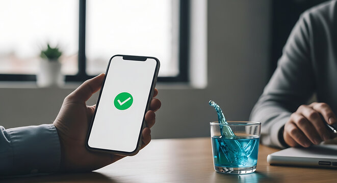 Person holding smartphone with a green checkmark on screen, indicating success or completion, with a glass of blue liquid splashing in the foreground