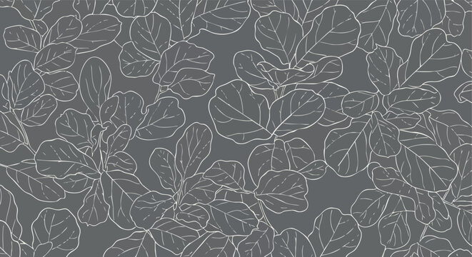 Fiddle Leaf Fig Leaves. Botanical Pattern. Line Art Style. Seamless Texture. Background Design.