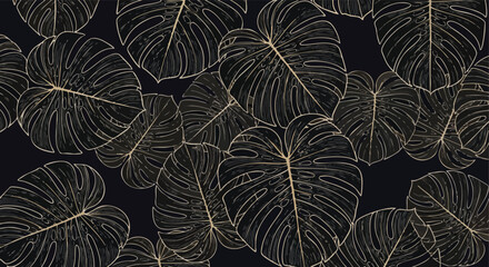 Monstera Leaves Seamless Pattern. Tropical Botanical Background. Luxury Golden Outline Illustration. Dark Elegant Wallpaper. © khafid