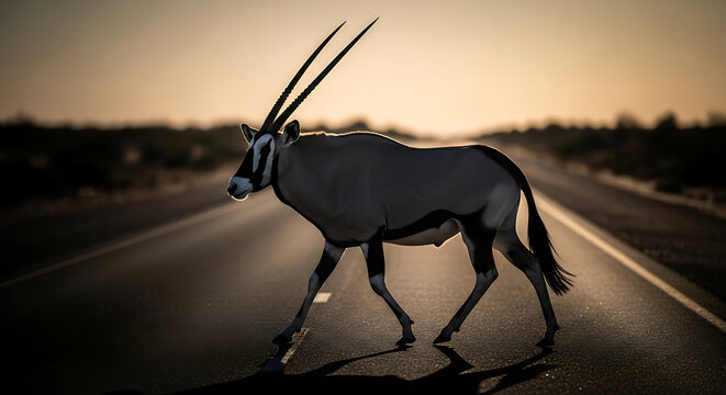 Gemsbok antelope walking across a road during a warm sunset, silhouette against golden light, African wildlife concept
