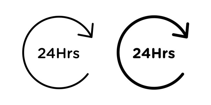 24 Hrs icon in solid fill style, displayed in black on white background. Ideal for 24-hour service, availability, time indication, and support interfaces.