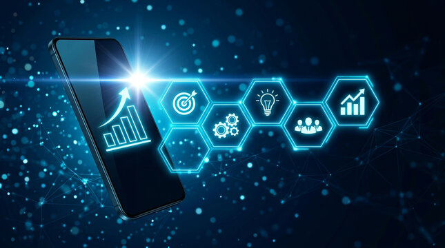 Digital business growth strategy on smartphone screen with innovation icons and global network background
