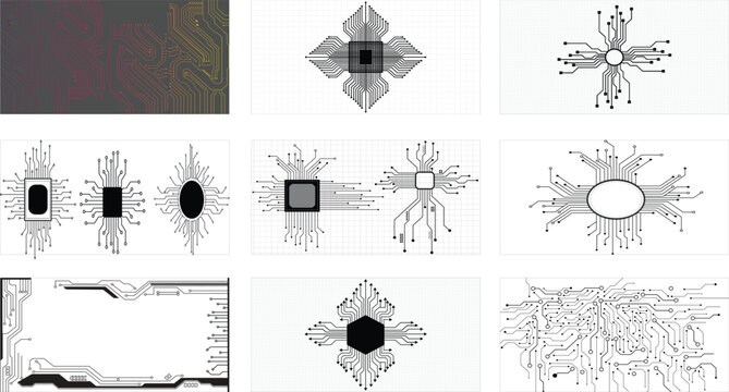 Futuristic circuit board texture set with integrated circuit nodes. Vector circuit board patterns