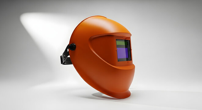 Orange welding mask protective gear for metalworking isolated on a light gray background