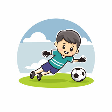 Cartoon illustration of a young boy goalkeeper diving to save a soccer ball on a green field.