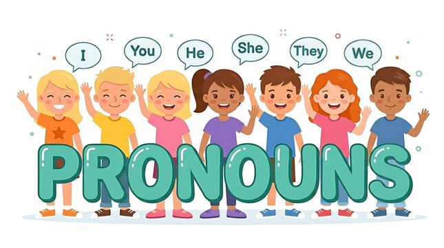 Colorful flat design illustration of diverse children learning pronouns with cheerful educational banner